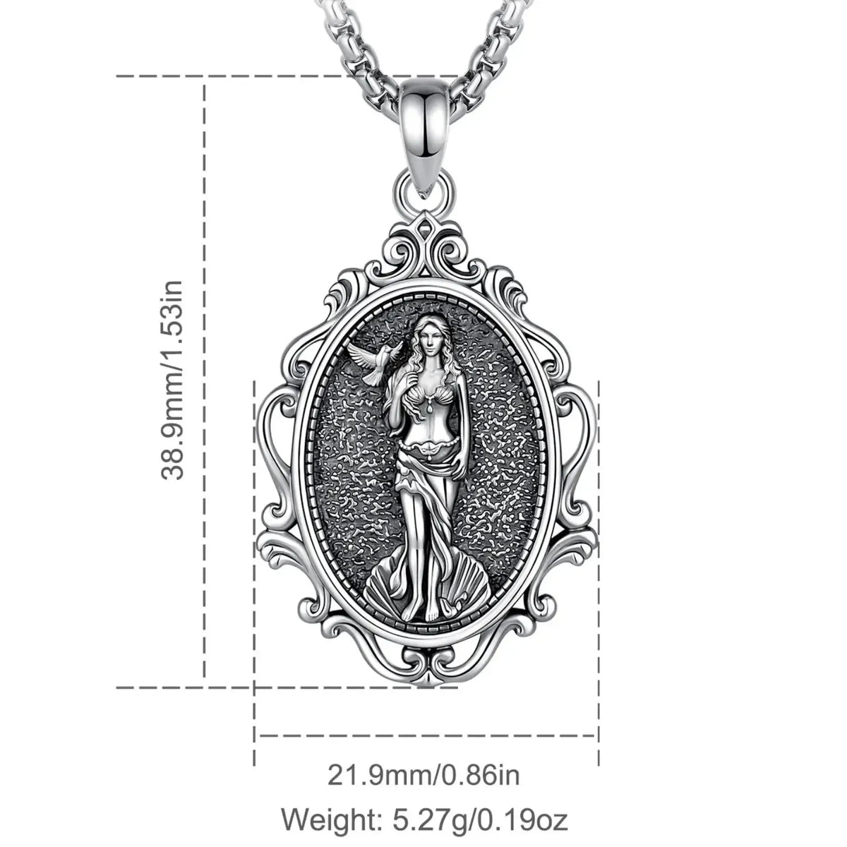Aphrodite goddess pendant size chart showing height, width and weight