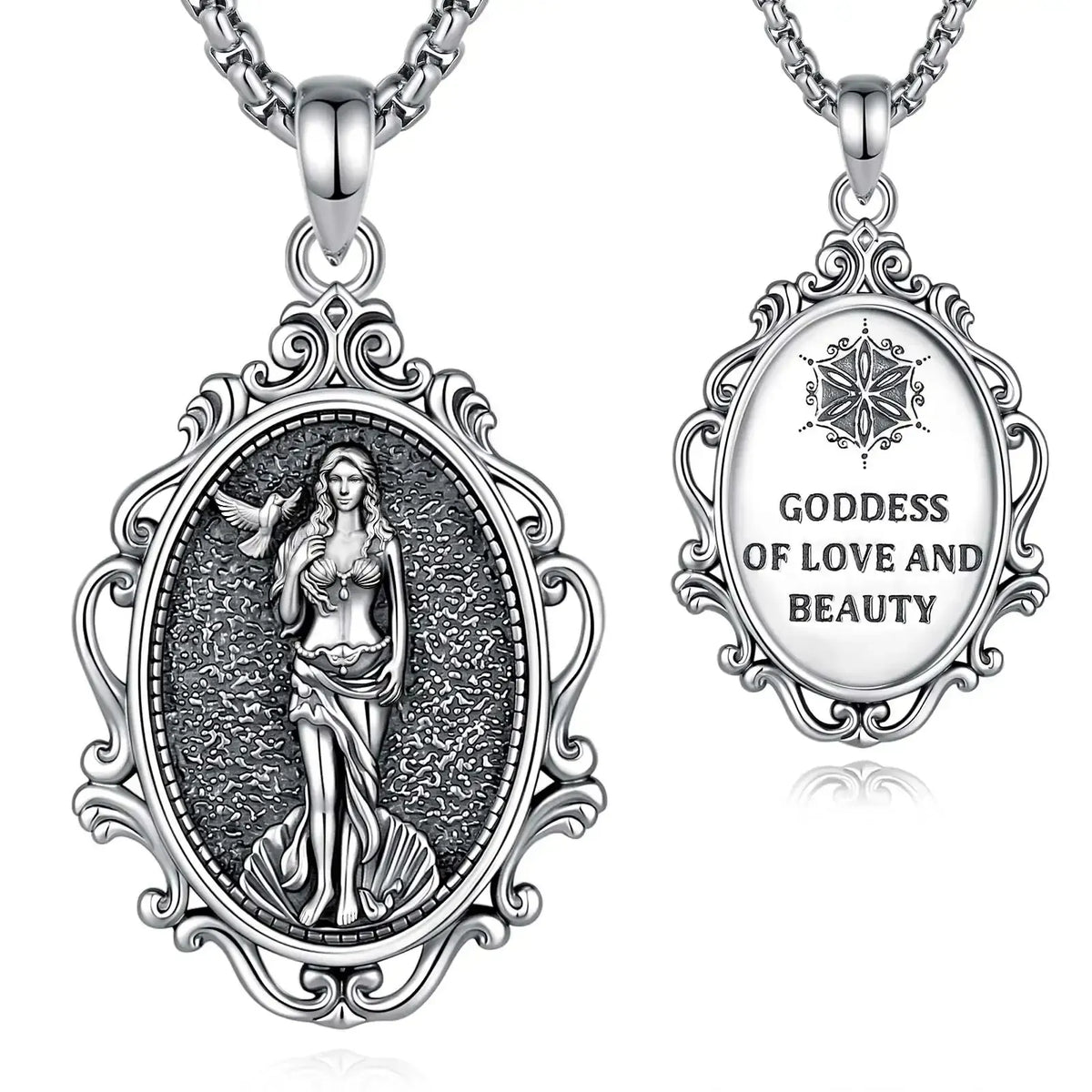 Front and back of Aphrodite goddess necklace showing classical figure and inscription