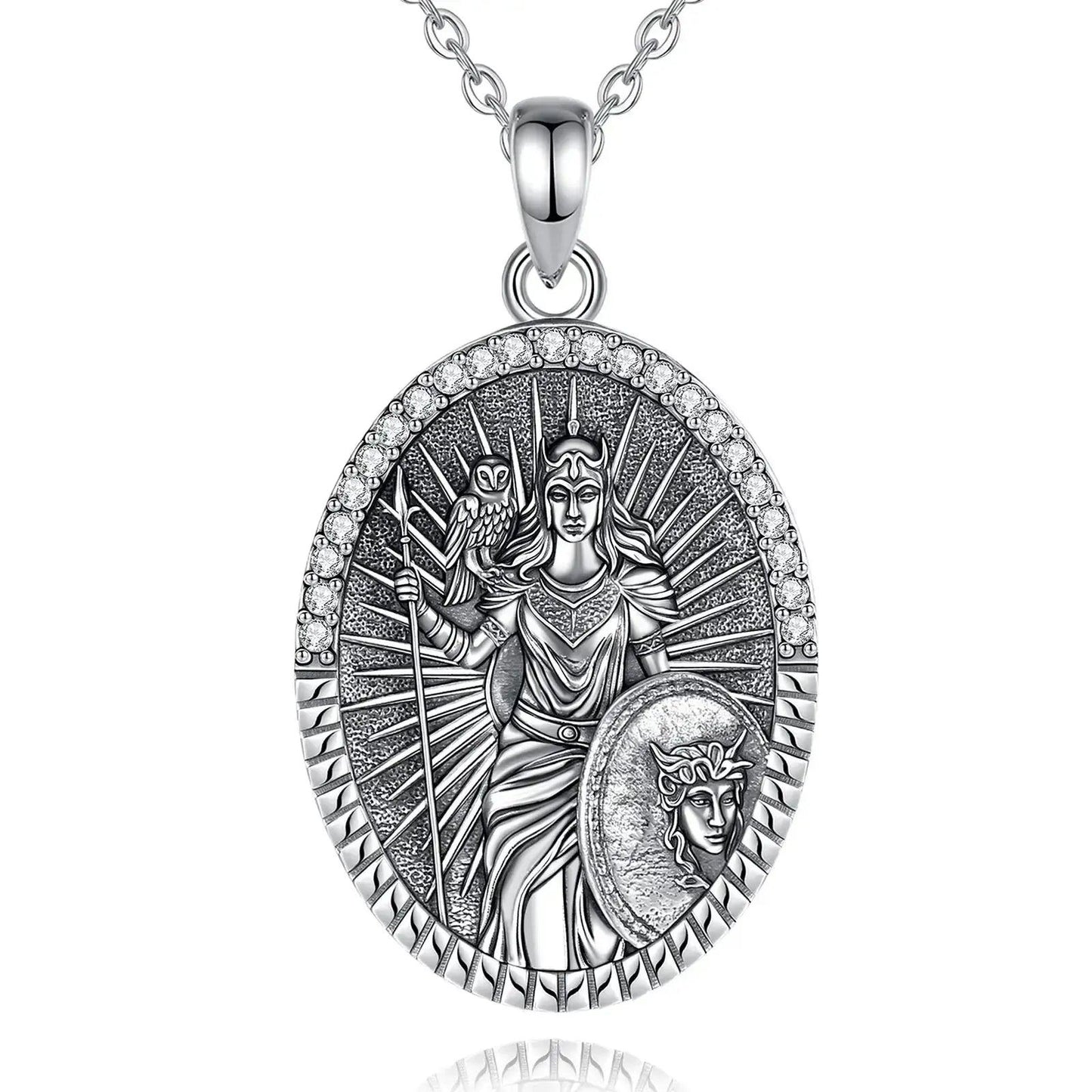 925 sterling silver oval Athena goddess necklace with owl, spear, shield, and clear CZ accents.