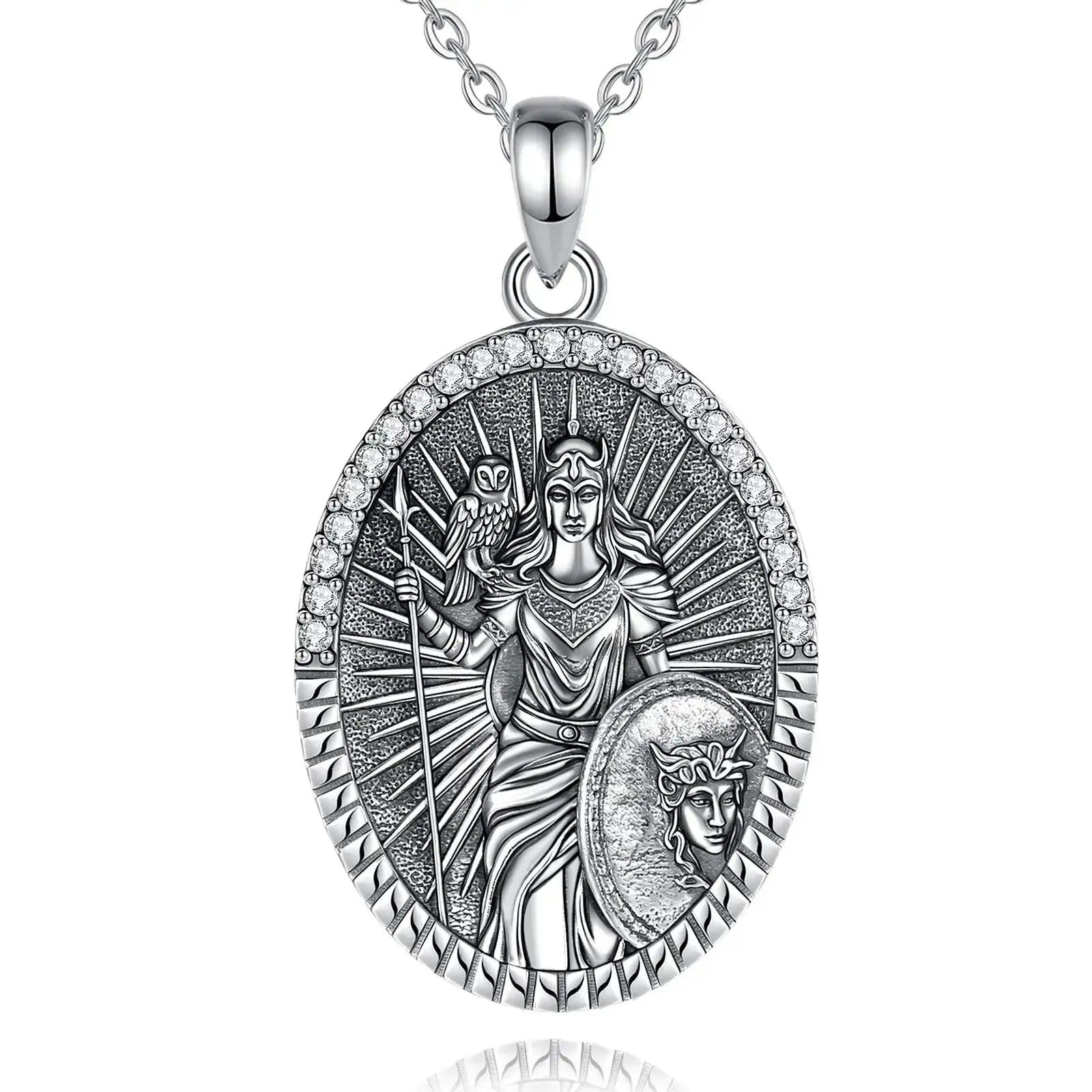 925 sterling silver oval Athena goddess necklace with owl, spear, shield, and clear CZ accents.