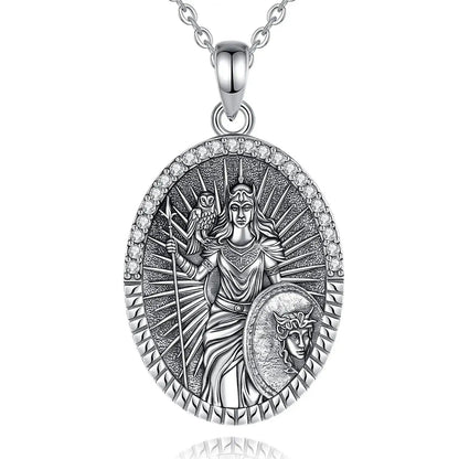 925 sterling silver oval Athena goddess necklace with owl, spear, shield, and clear CZ accents.