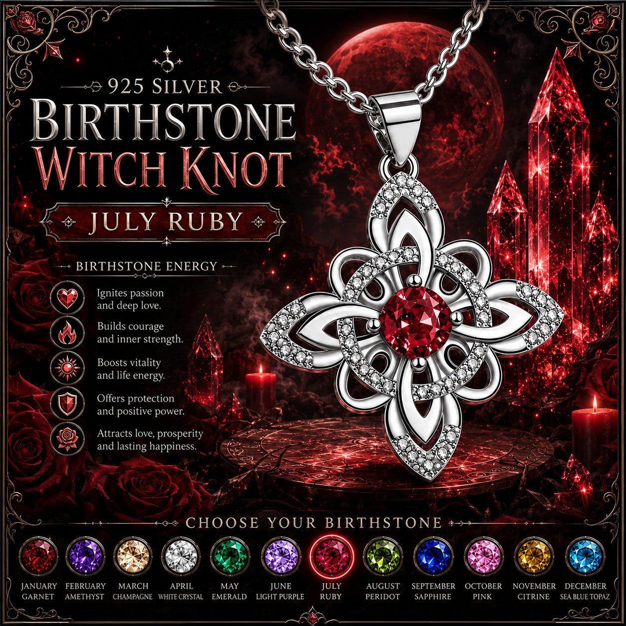 925 Silver Birthstone Witch Knot Necklace Celtic Protection Amulet for Wiccan & Pagan-MoonChildWorld
