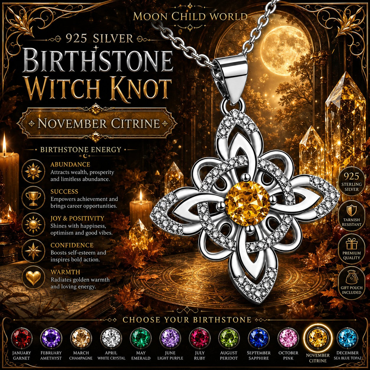 925 Silver Birthstone Witch Knot Ring Celtic Protection Amulet for Wiccan & Pagan-MoonChildWorld