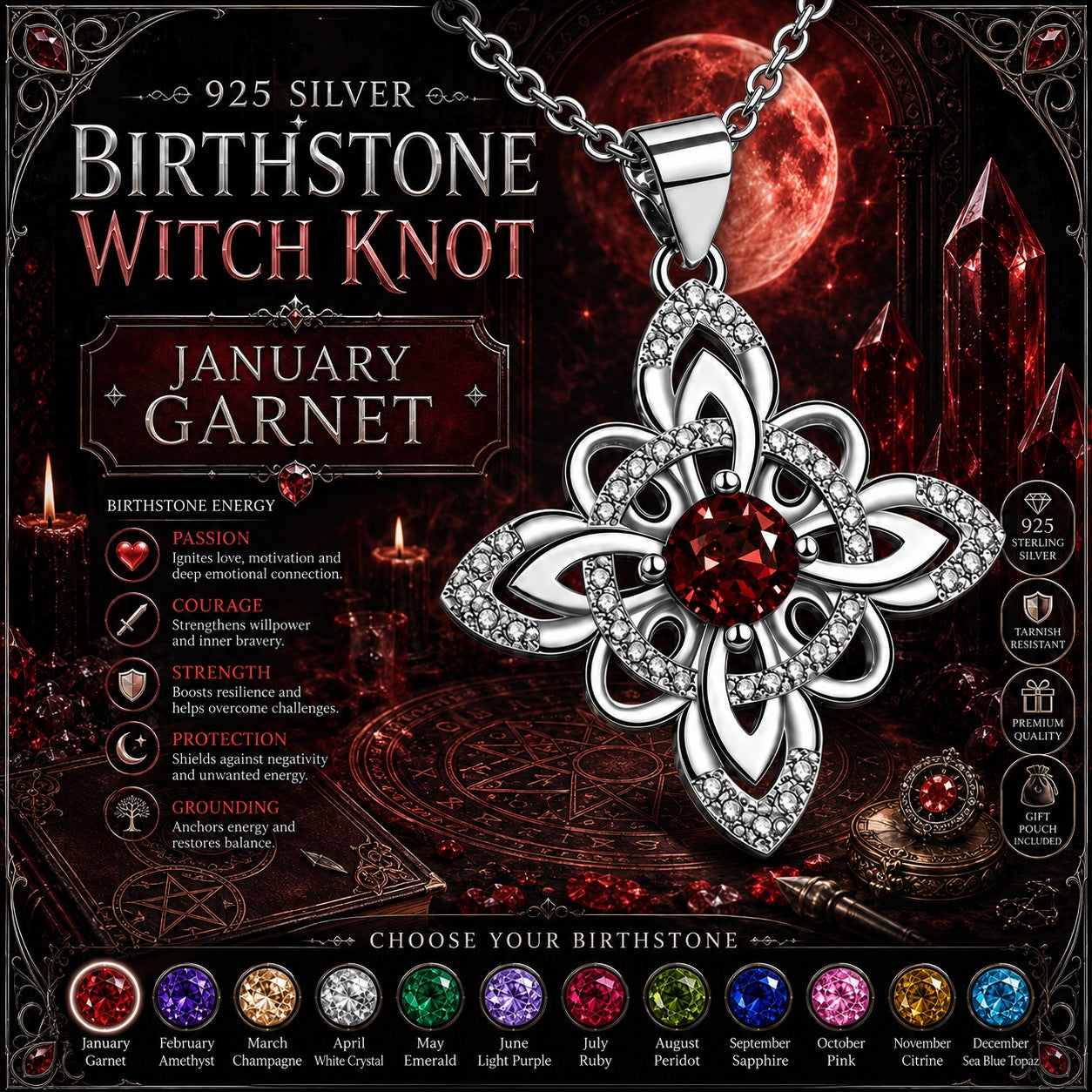 925 Silver Birthstone Witch Knot Ring Celtic Protection Amulet for Wiccan & Pagan-MoonChildWorld