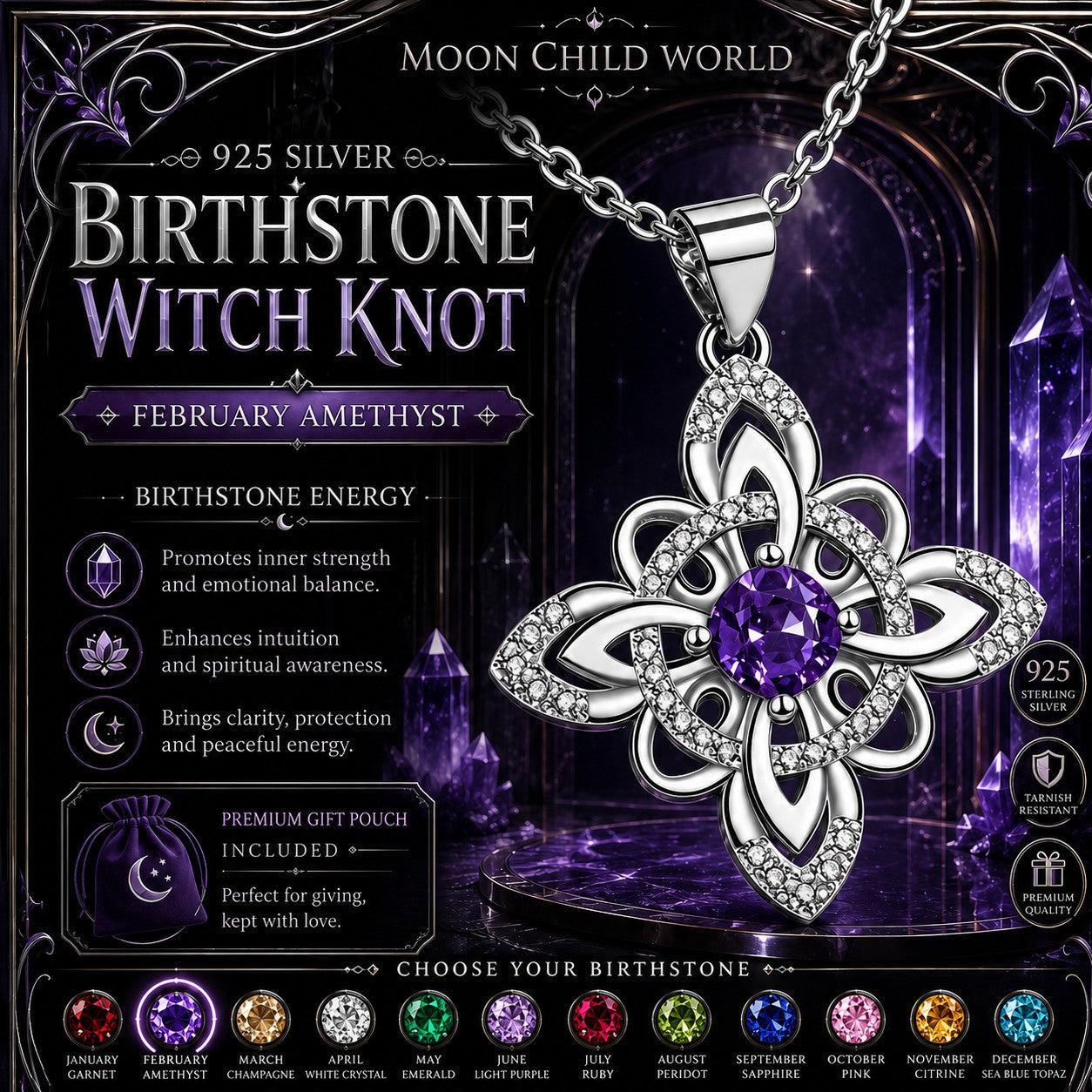 925 Silver Birthstone Witch Knot Necklace Celtic Protection Amulet for Wiccan & Pagan-MoonChildWorld