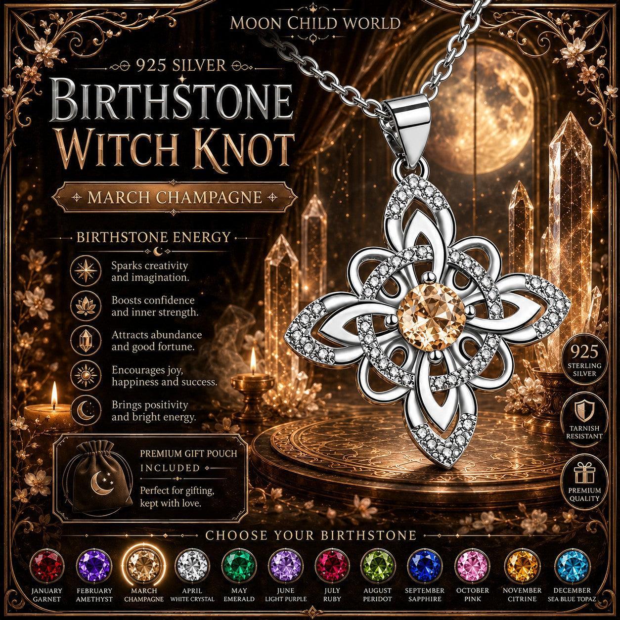 925 Silver Birthstone Witch Knot Necklace Celtic Protection Amulet for Wiccan & Pagan-MoonChildWorld