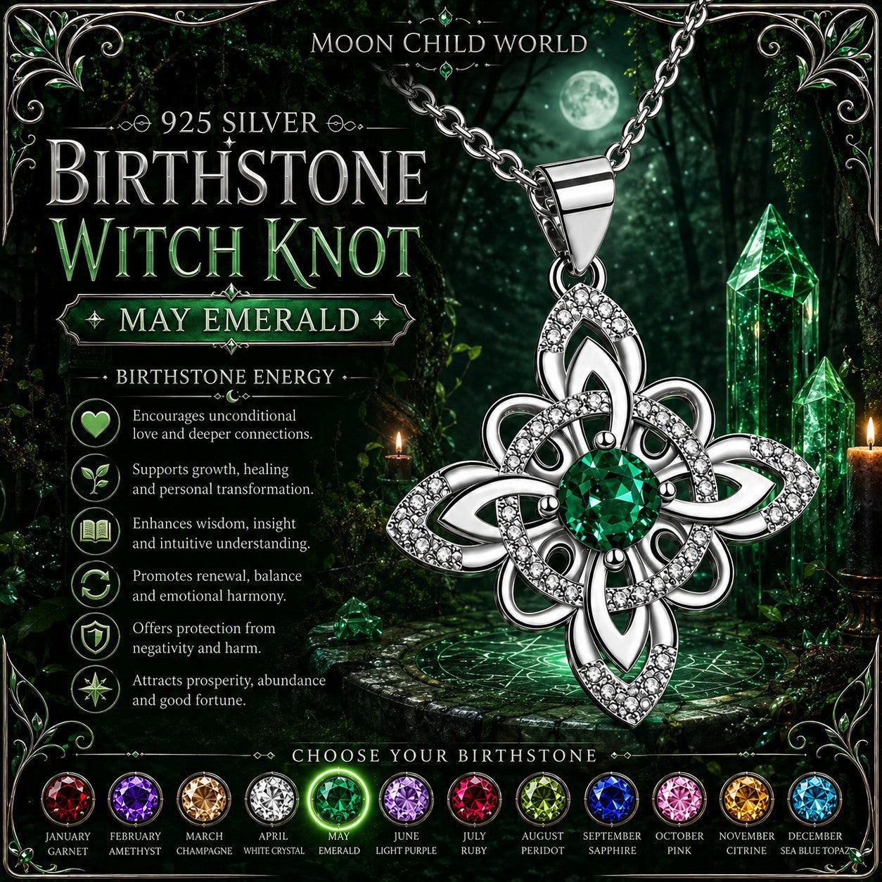 925 Silver Birthstone Witch Knot Necklace Celtic Protection Amulet for Wiccan & Pagan-MoonChildWorld