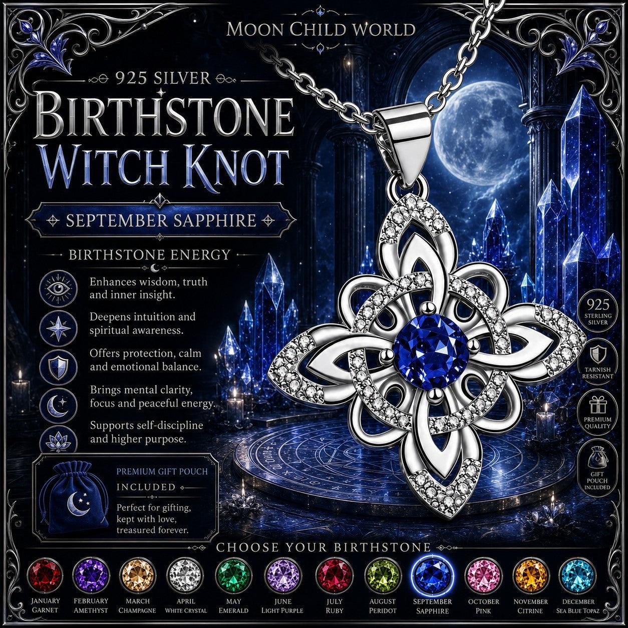 925 Silver Birthstone Witch Knot Necklace Celtic Protection Amulet for Wiccan & Pagan-MoonChildWorld