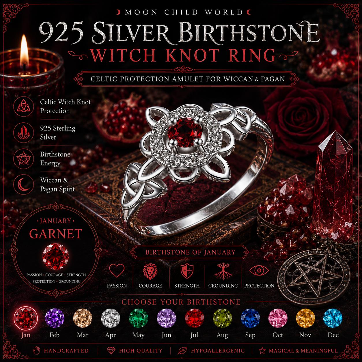 925 silver witch knot ring with garnet birthstone, Celtic protection amulet for Wiccan & Pagan rituals