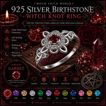 925 silver witch knot ring with garnet birthstone, Celtic protection amulet for Wiccan & Pagan rituals