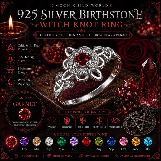 925 silver witch knot ring with garnet birthstone, Celtic protection amulet for Wiccan & Pagan rituals