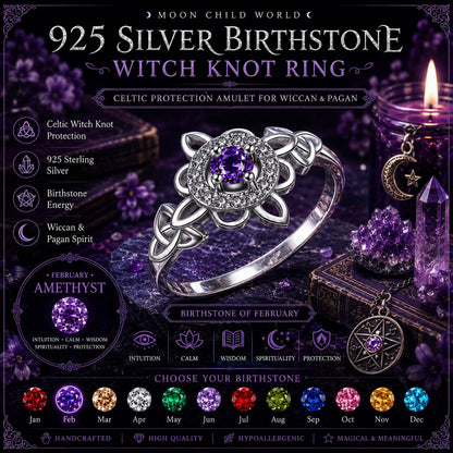925 silver witch knot ring with amethyst birthstone, Celtic protection amulet for Wiccan & Pagan rituals