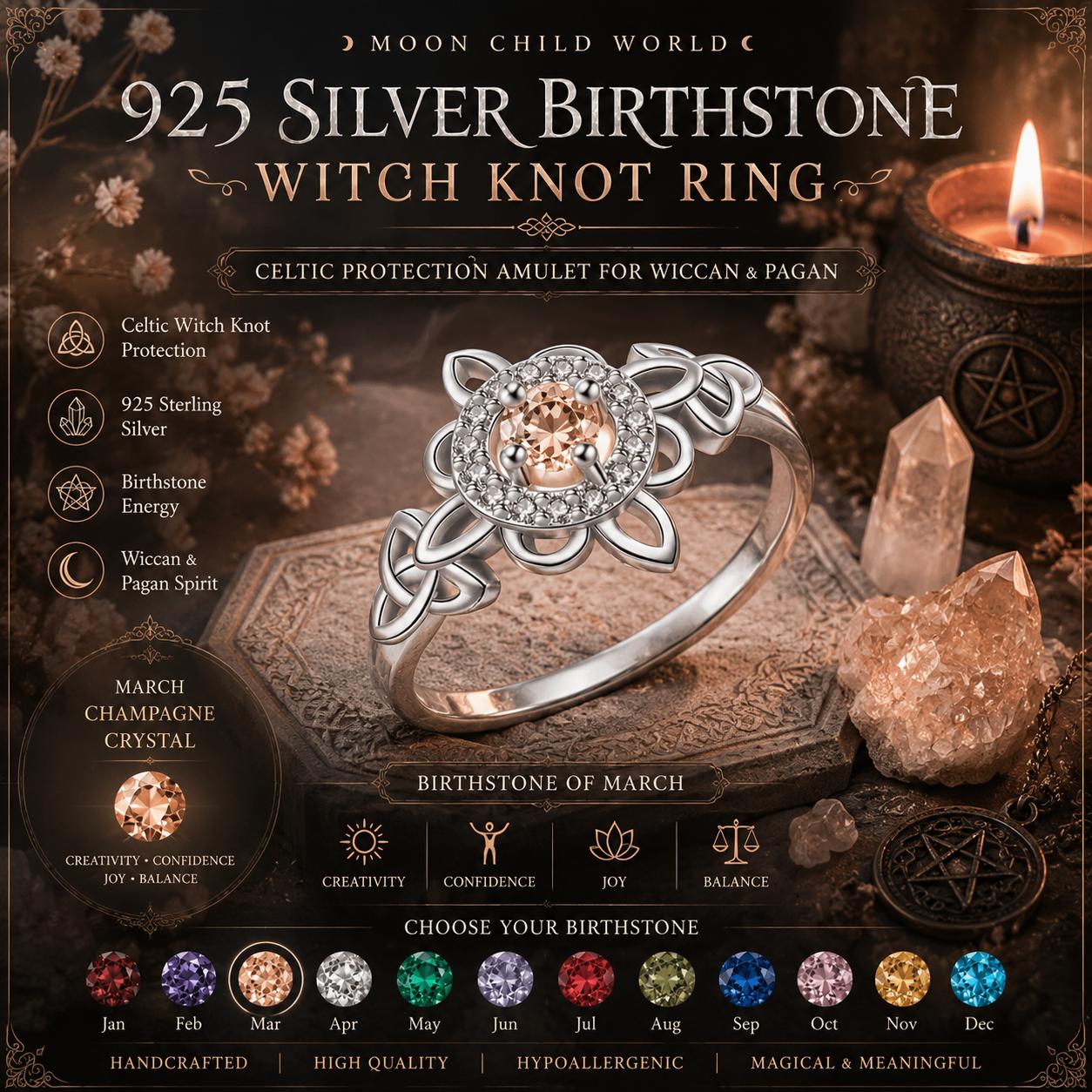 925 silver witch knot ring with March birthstone, Celtic protection amulet for Wiccan & Pagan rituals