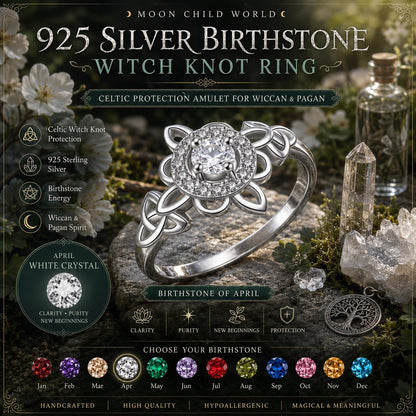 925 silver witch knot ring with April birthstone, Celtic protection amulet for Wiccan & Pagan rituals