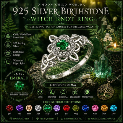 925 silver witch knot ring with emerald birthstone, Celtic protection amulet for Wiccan & Pagan rituals