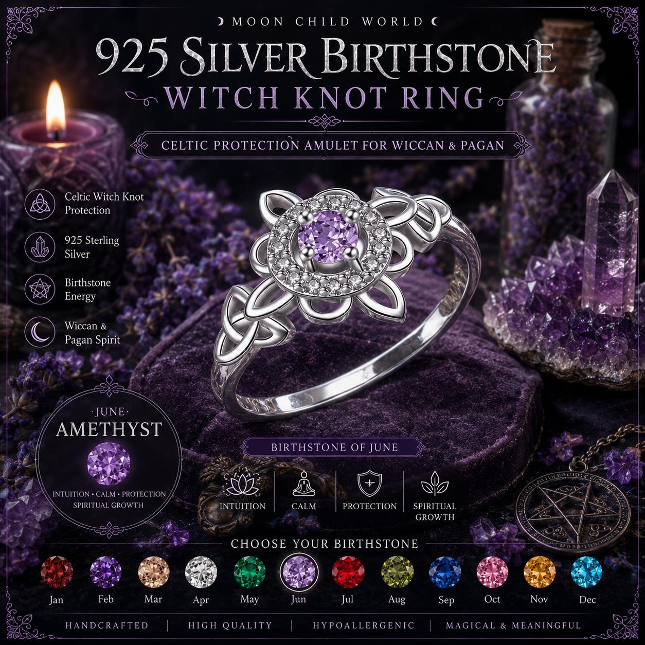 925 silver witch knot ring with amethyst birthstone, Celtic protection amulet for Wiccan & Pagan spiritual growth