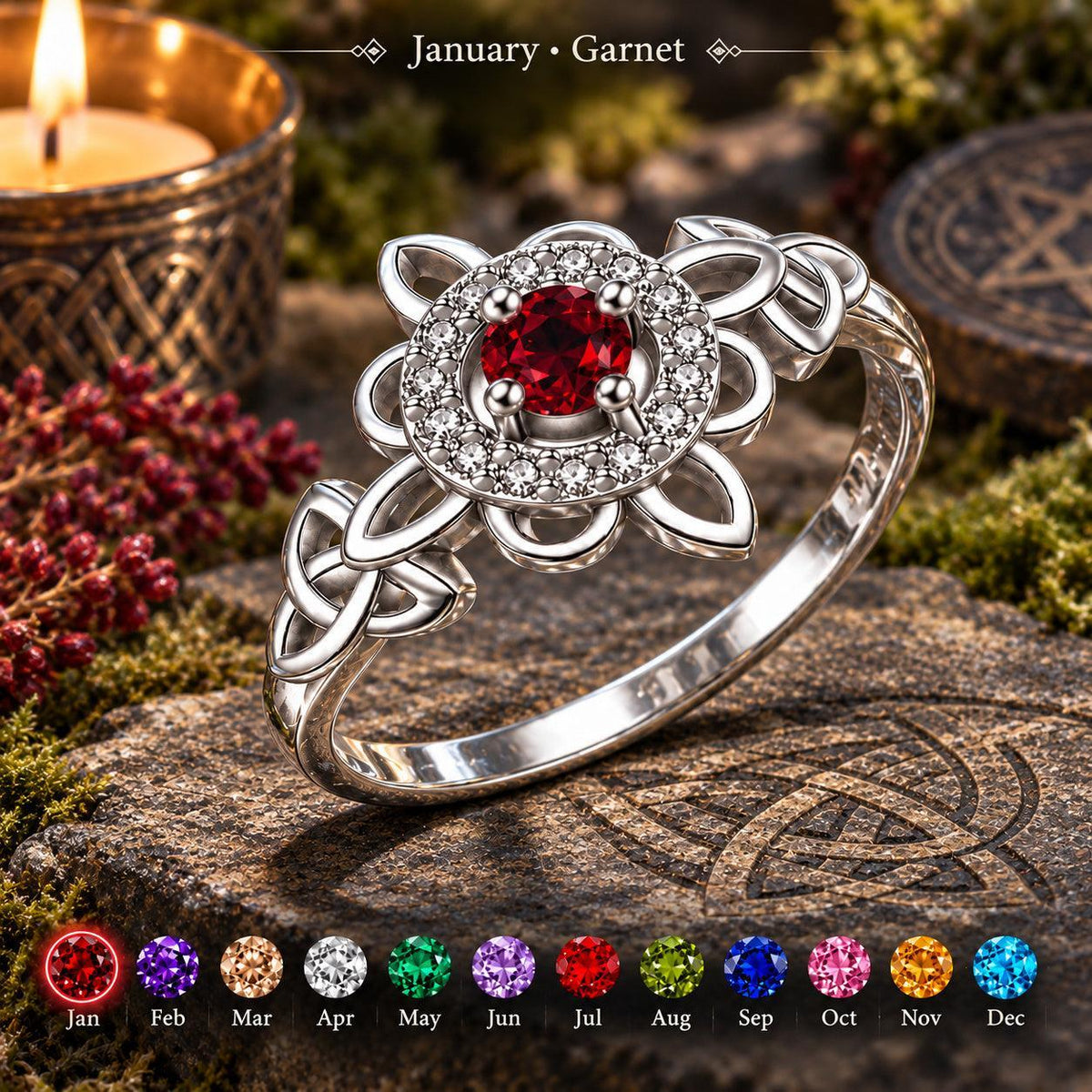 925 silver witch knot ring with garnet birthstone, Celtic protection amulet for Wiccan & Pagan rituals