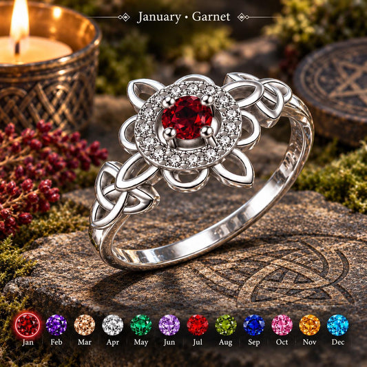 925 silver witch knot ring with garnet birthstone, Celtic protection amulet for Wiccan & Pagan rituals