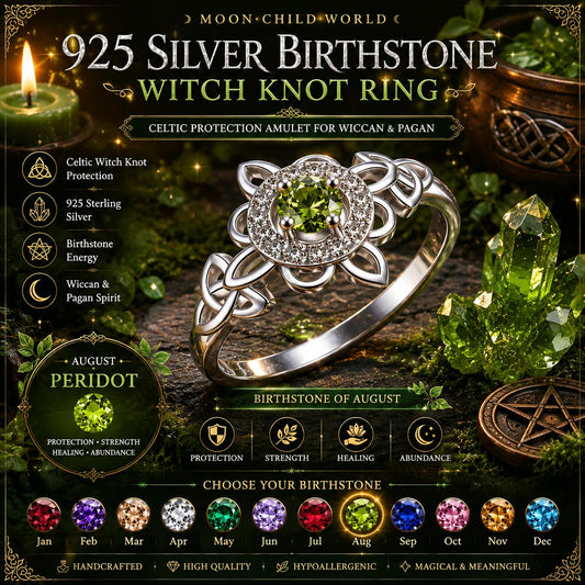925 Silver Witch Knot Ring with August Peridot Birthstone, Celtic Protection Amulet for Wiccan & Pagan