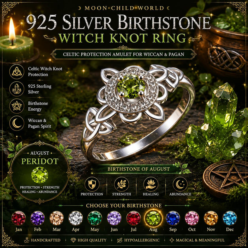 925 Sterling Silver Birthstone Witch Knot Ring Celtic Protection Jewelry
