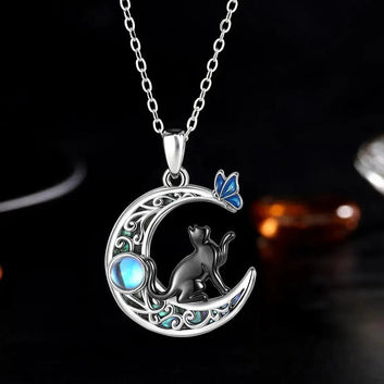 925 Silver Black Cat on Crescent Moon Necklace Moonstone Abalone Shell Moon Necklace Witchy Jewelry-MoonChildWorld