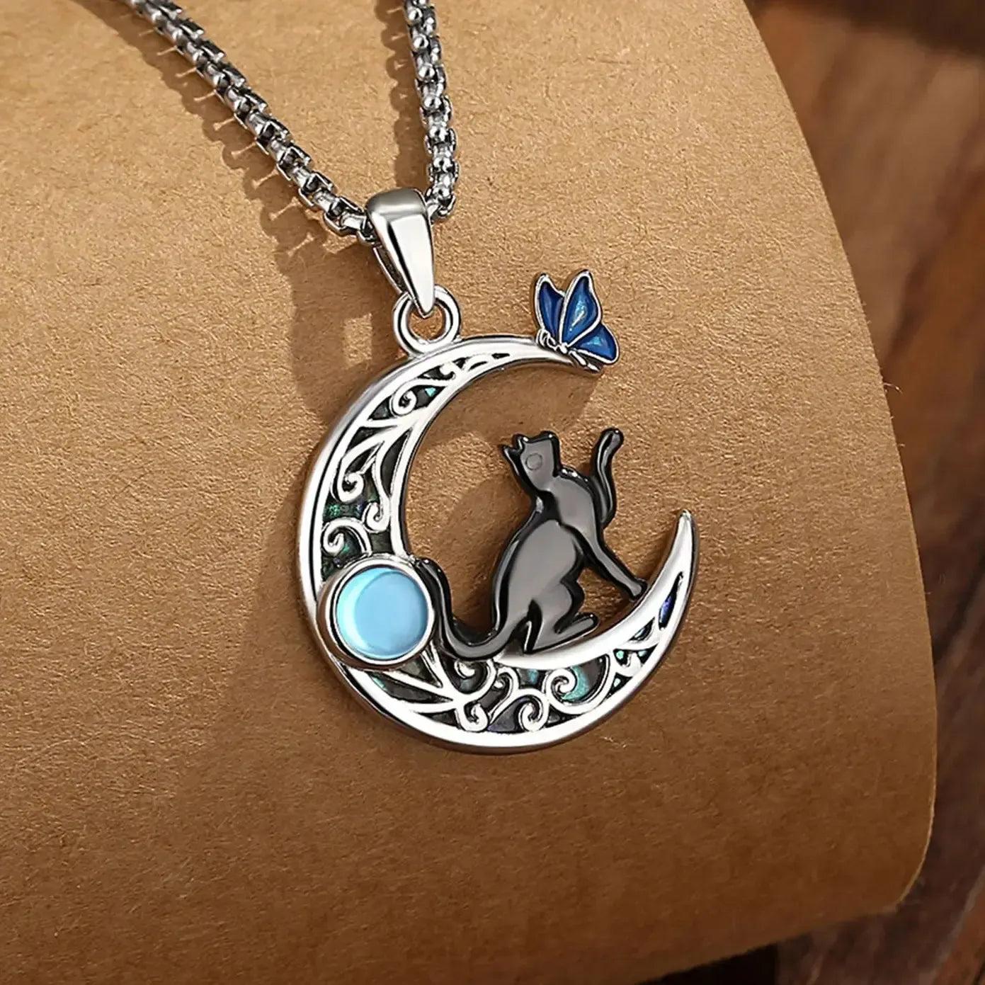 925 Silver Black Cat on Crescent Moon Necklace Moonstone Abalone Shell Moon Necklace Witchy Jewelry-MoonChildWorld