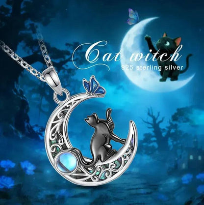 925 Silver Black Cat on Crescent Moon Necklace Moonstone Abalone Shell Moon Necklace Witchy Jewelry-MoonChildWorld