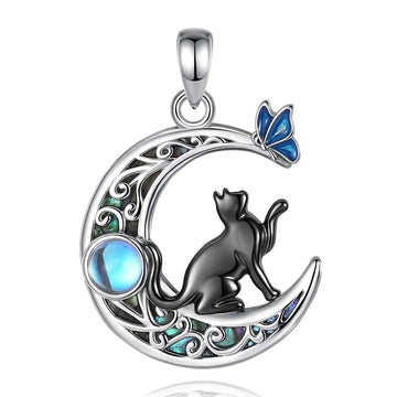 925 Silver Black Cat on Crescent Moon Necklace Moonstone Abalone Shell Moon Necklace Witchy Jewelry-MoonChildWorld