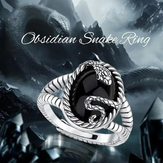 925 Silver Black Obsidian Witchy Snake Ring Gothic Jewelry-MoonChildWorld
