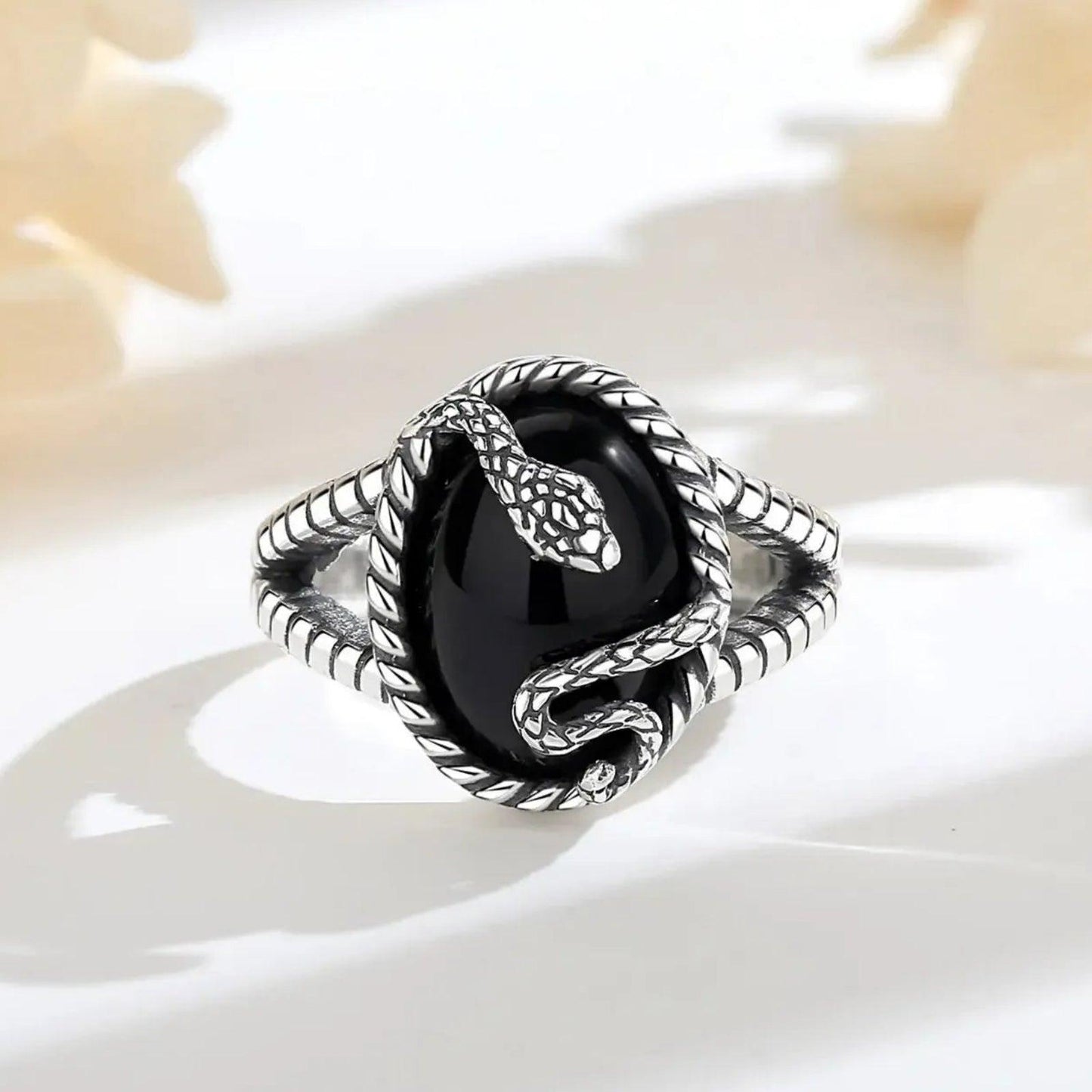 925 Silver Black Obsidian Witchy Snake Ring Gothic Jewelry-MoonChildWorld