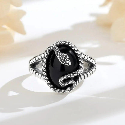 925 Silver Black Obsidian Witchy Snake Ring Gothic Jewelry-MoonChildWorld