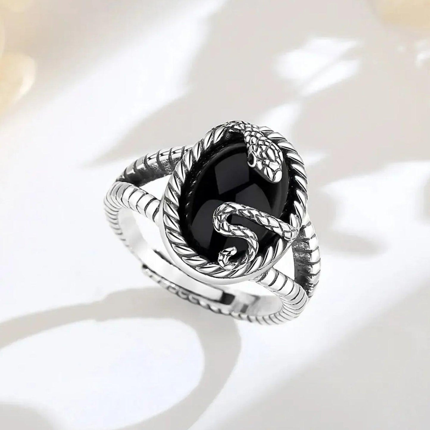 925 Silver Black Obsidian Witchy Snake Ring Gothic Jewelry-MoonChildWorld