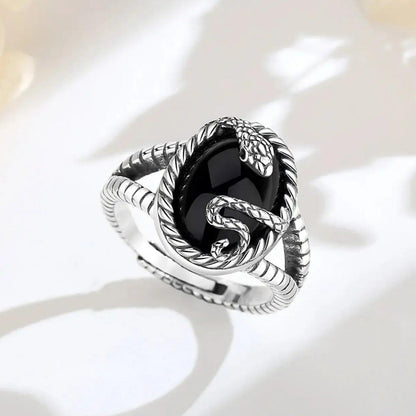 925 Silver Black Obsidian Witchy Snake Ring Gothic Jewelry-MoonChildWorld