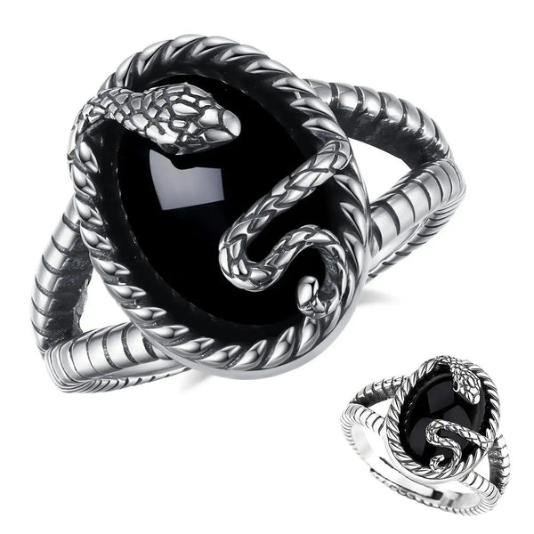 925 Silver Black Obsidian Witchy Snake Ring Gothic Jewelry-MoonChildWorld