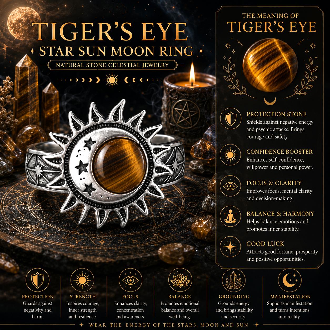 Tiger's Eye Star Sun Moon Ring with celestial jewelry theme and stone properties.