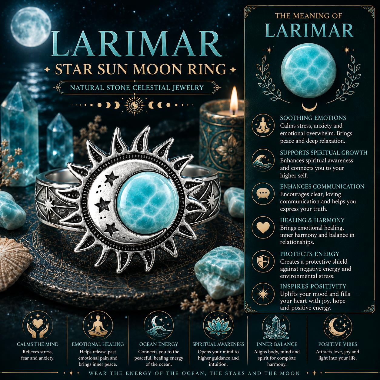 Larimar star sun moon ring with celestial jewelry theme and descriptive text.