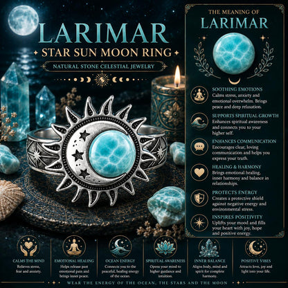 Larimar star sun moon ring with celestial jewelry theme and descriptive text.