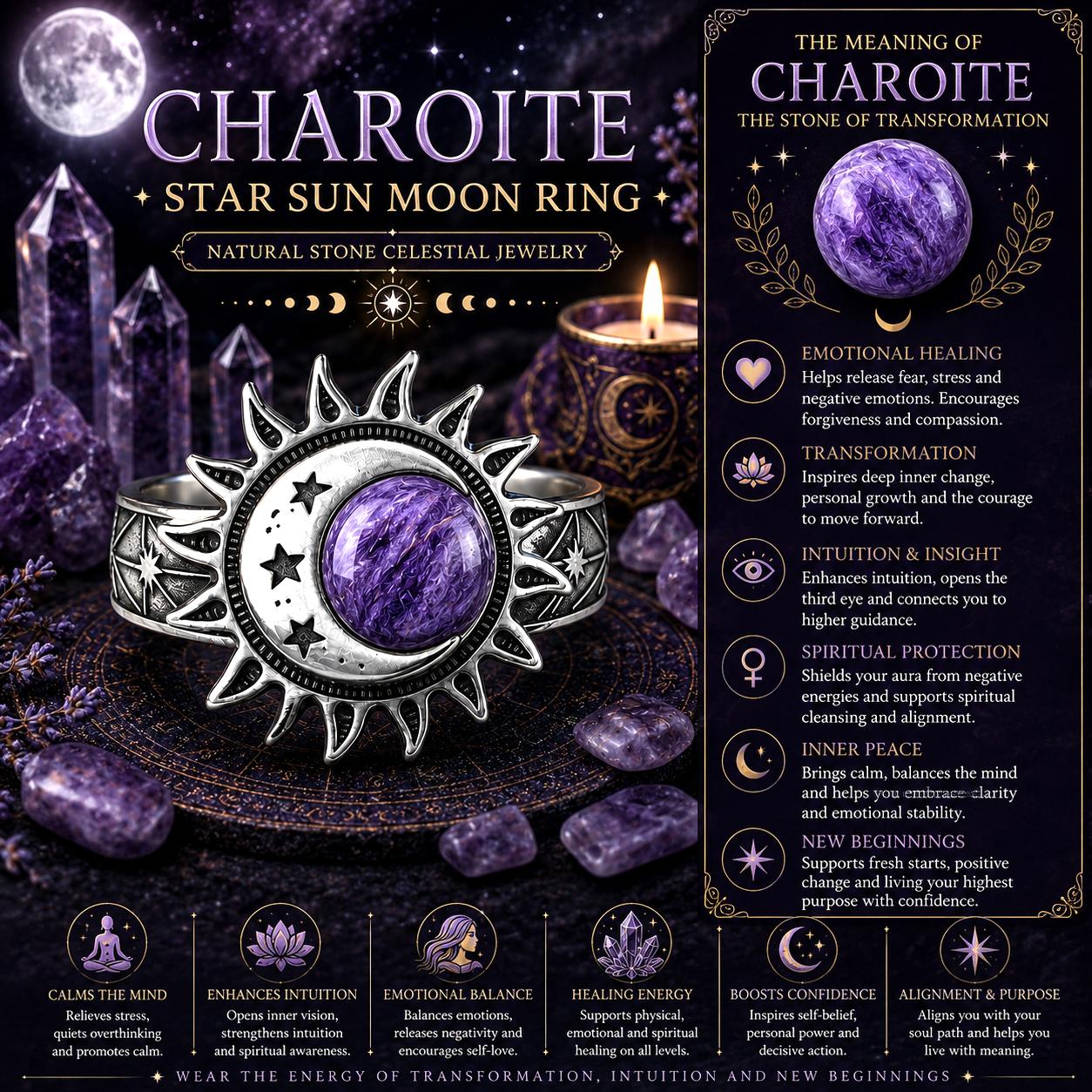 Promotional image of a charoite star sun moon ring with celestial jewelry theme.