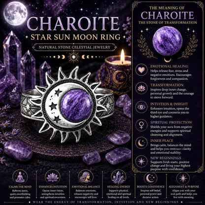 Promotional image of a charoite star sun moon ring with celestial jewelry theme.
