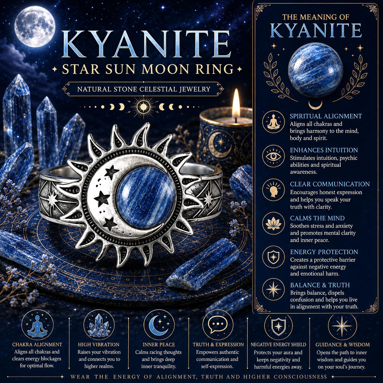 Kyanite star sun moon ring with celestial design elements and information on a dark blue background.