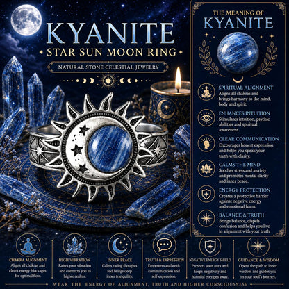 Kyanite star sun moon ring with celestial design elements and information on a dark blue background.