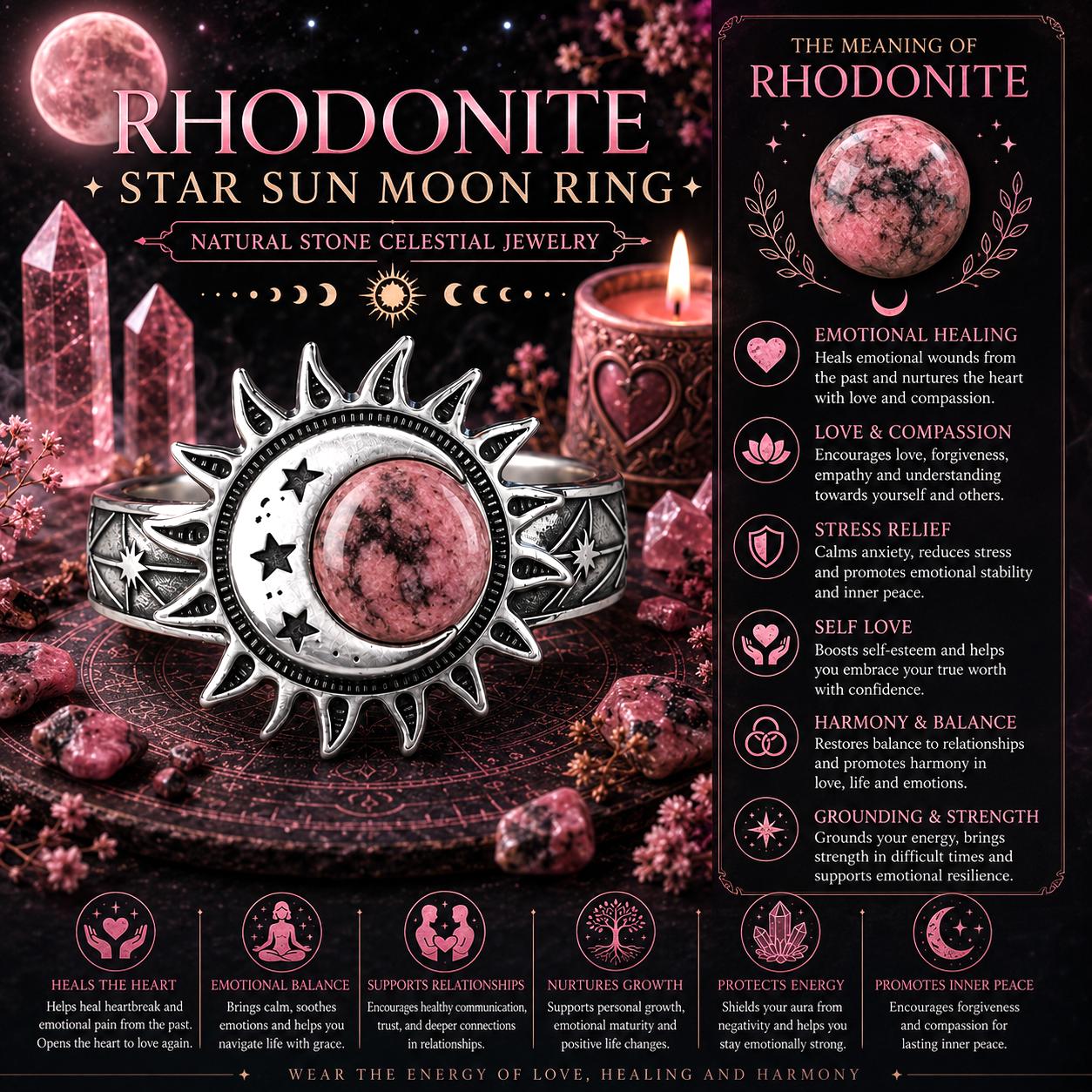 Promotional image of a rhodonite star sun moon ring with celestial jewelry theme.