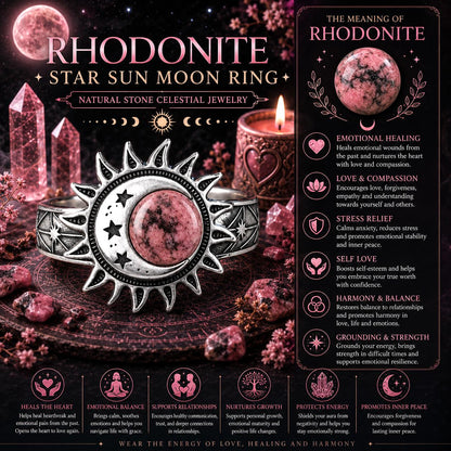 Promotional image of a rhodonite star sun moon ring with celestial jewelry theme.