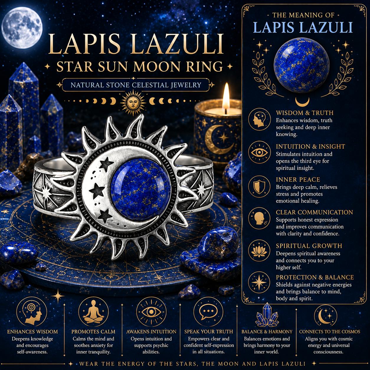 Lapis Lazuli star sun moon ring with celestial design on a dark background