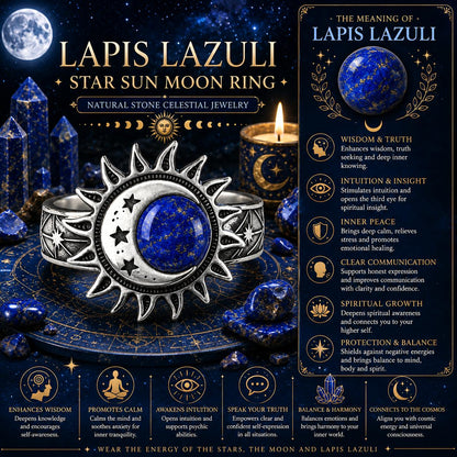 Lapis Lazuli star sun moon ring with celestial design on a dark background