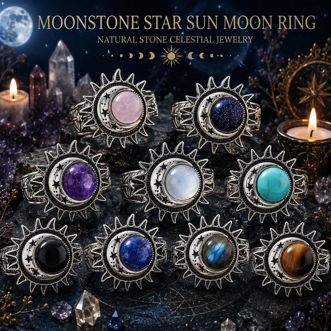 Set of moonstone star sun moon rings with celestial theme
