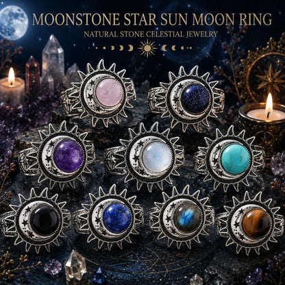 Set of moonstone star sun moon rings with celestial theme
