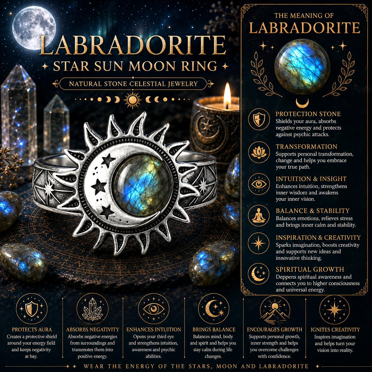 Labradorite star sun moon ring with mystical elements and text on a dark background