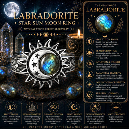 Labradorite star sun moon ring with mystical elements and text on a dark background
