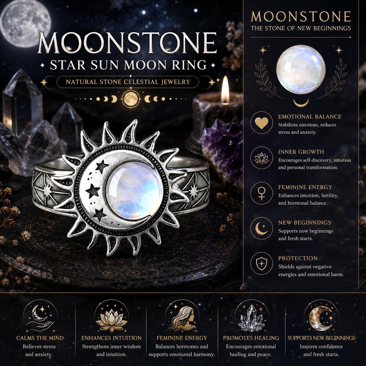 Moonstone star sun moon ring with celestial design and moonstone properties on a dark background.